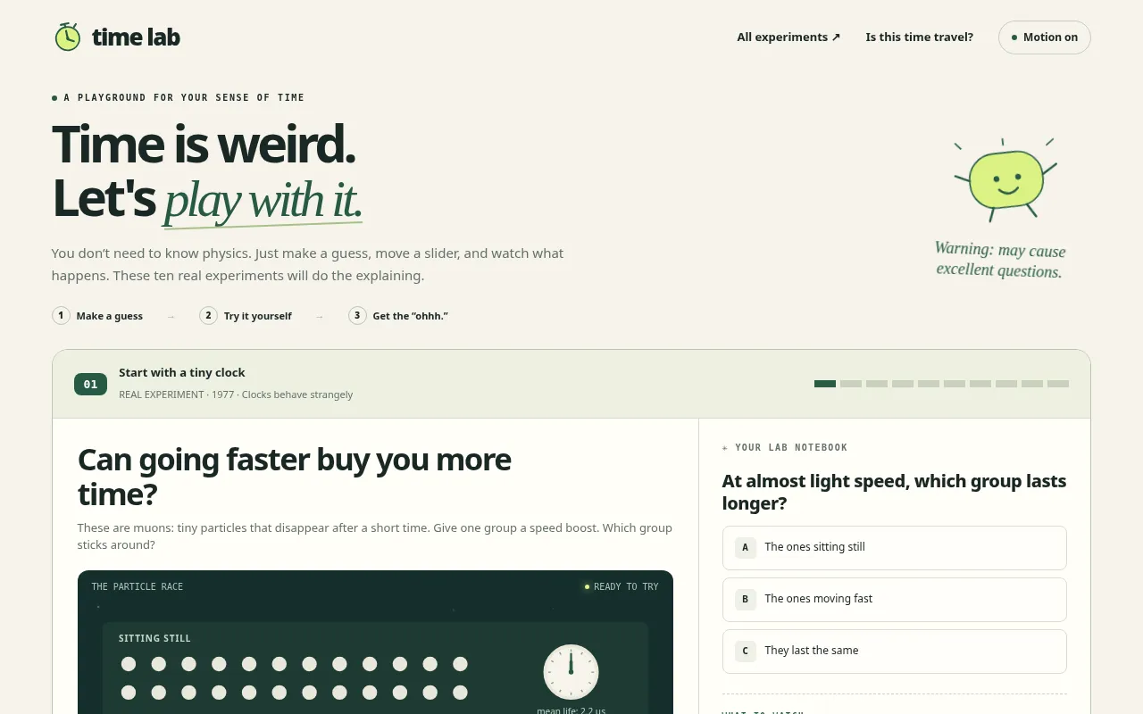 The Chronos Time Laboratory home page: 'Time is weird. Let's play with it.'