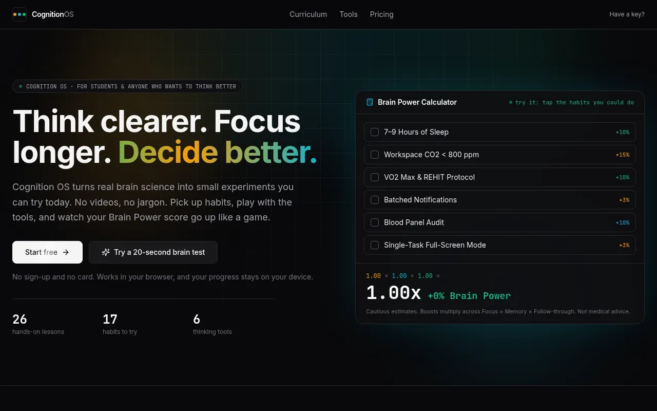 The Cognition OS home page: 'Think clearer. Focus longer. Decide better.' with a Start free button.