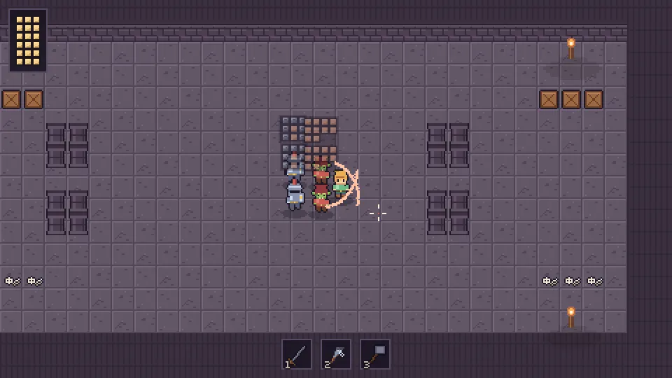 A pixel-art dungeon room where a player swings a sword at two goblins and an armored knight, with a grid of yellow health cells in the top left.