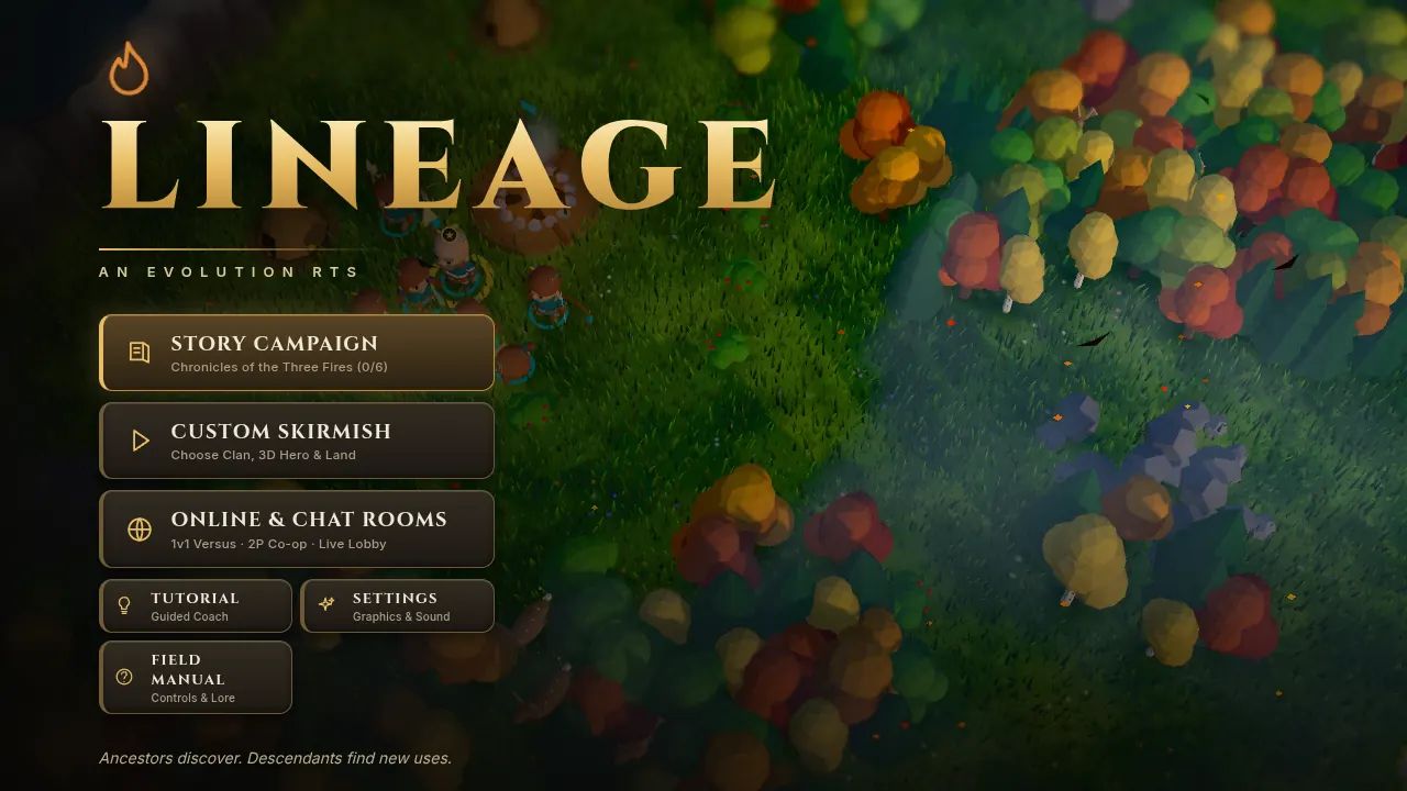 The Lineage main menu: story campaign, custom skirmish, online rooms and tutorial.