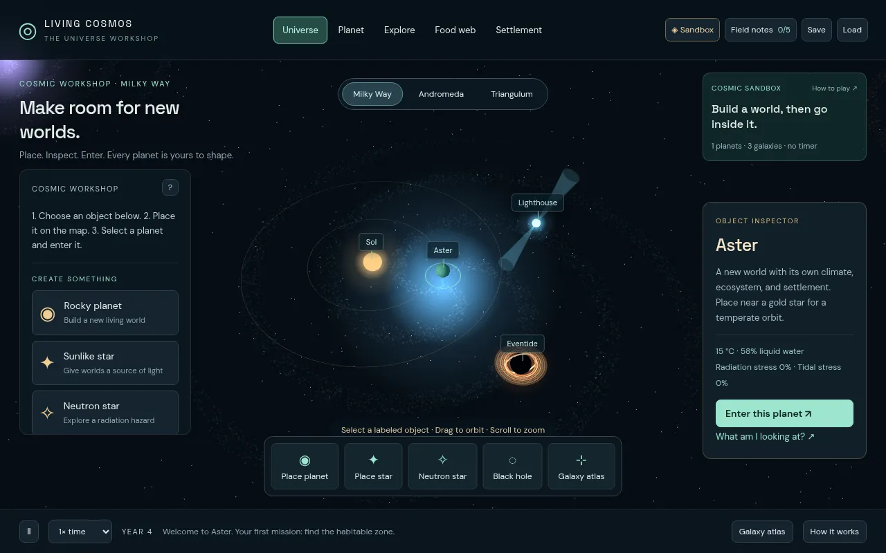 The Living Cosmos universe view: 'Make room for new worlds.' with options to place planets and stars.