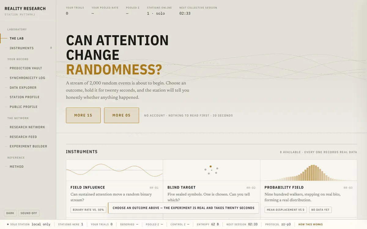 The Reality Research home screen with the question 'Can attention change randomness?' and eight instruments listed below.