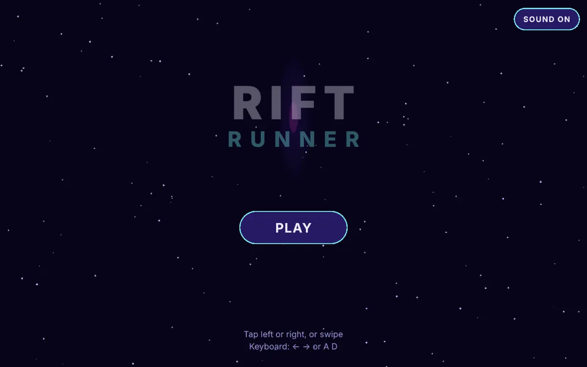 The Rift Runner title screen: glowing 'RIFT RUNNER' text over a starfield with a Play button.