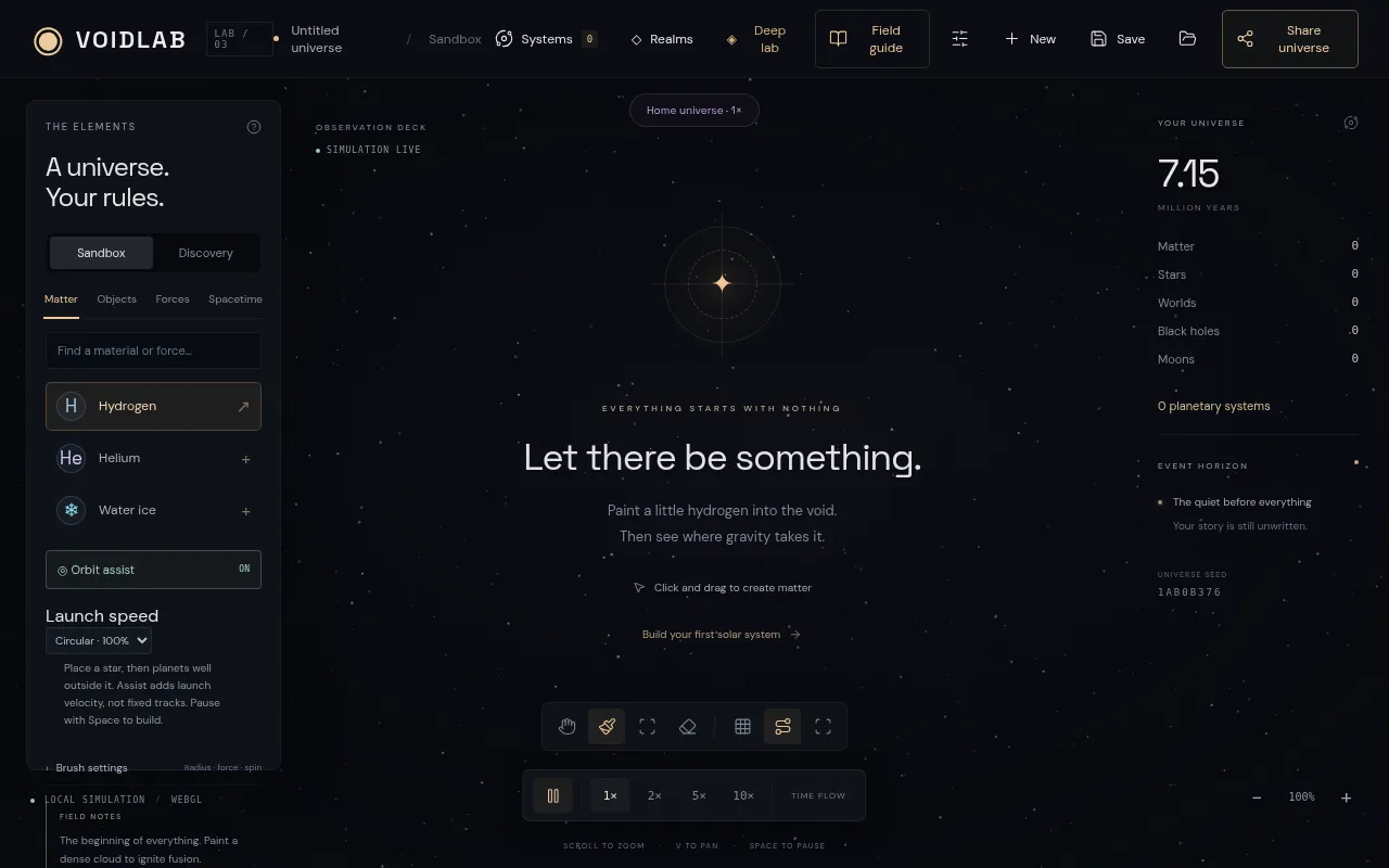 The VOIDLAB sandbox: an elements palette on the left and an empty universe waiting for hydrogen.