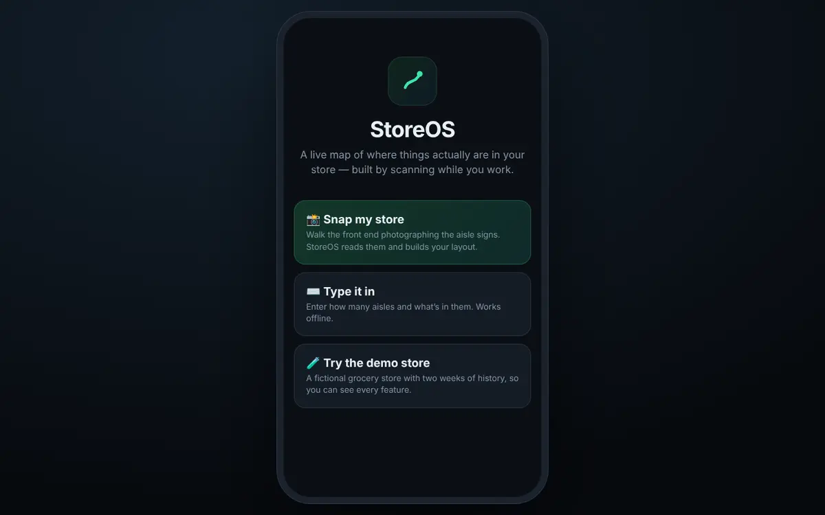 The StoreOS start screen in a phone frame with options to snap the store, type it in, or try the demo store.